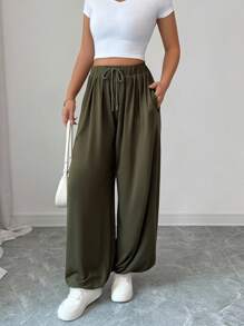 EMERY ROSE Elegant High Waist Elastic Drawstring Loose Relaxed Fit Women Pants Fall Cloth For Women - Army Green - View 6