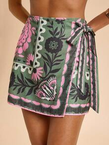 Travachic Vacation Woven Floral Print Tie-Wrap Women's Tropical Wrap Vacation Skirt ,Vacation Style, Woven Graphic Printed, Casual Summer Vacations Woman, Bohemia Beach Vacations, Boho Chic, Holiday Festivals, Beach For Woman, Summers For Women,National Day,  New Year Clothes,  Luxury Elegant Graduation, Floral Print Skirt, Wrap Skirt, Tropical Skirt,National Day,  New Year Clothes,  Luxury Elegant Graduation - Multicolor - View 2