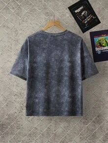 Discovery X SHEIN 青少年男童休闲老虎图案圆领短袖宽松T恤，夏季