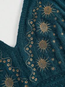 ROMWE Hippie Women's Floral Embroidery Halter Neck Knit Top - Blue - View 2