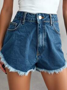 EURMUSE 100%纯棉超迷你白色短款毛边裤脚 - 250克 - 霧霾藍 - 查看 4