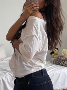 INAWLY Solva 女士不对称领口唇印休闲宽松短袖 T 恤 - 白色 - 查看 2