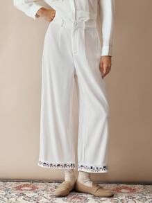 Florisole Autumn Bohemian Embroidered Beaded Casual Loose Wide-Leg Women Pants Fall Cloth For Women