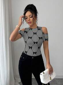 Elenzga 女式撞色圆领露肩领结全身印花修身时尚T恤 - 灰色 - 查看 3