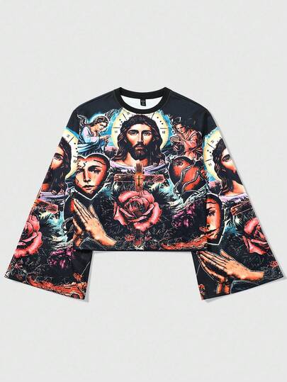 Goth Men's Religious Print Long Sleeve Shirt, Striking Graphic Design, Comfortable Fabric Suitable For Everyday Wear And Music Festivals