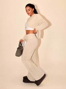 Zolique Women's Solid Color Casual Cardigan And Pants Knit Two Pieces Set Fall Winter Cloth For Women - Apricot - View 1