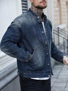 Manfinity LEGND 男士长袖休闲做旧口袋牛仔夹克，街头风，适合送给老公或男友，秋季款 - 中等水洗藍 - 查看 4