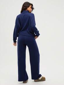 Aloruh 2pcs Women Casual Solid Color Turtleneck Sweater Set In Fall/Winter - Navy Blue - View 3