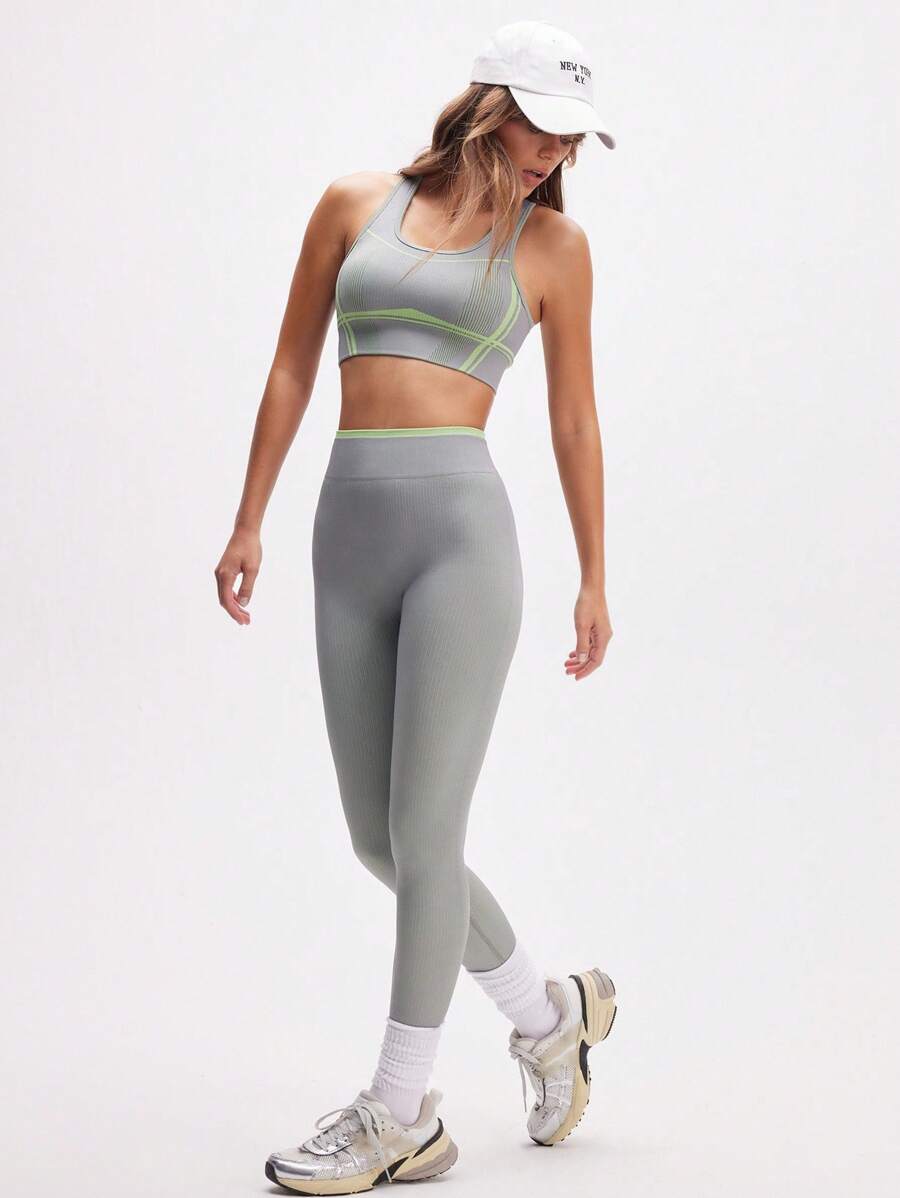 Eassivo Eassivo 女式条纹短款背心和紧身裤运动套装 - 灰色 - 查看 1