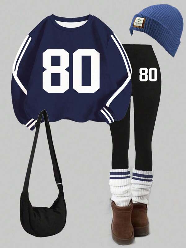 2pcs/Set Teen Girl Casual Street Style Vintage College Jersey Inspired Outfit, Includes Loose Fit Round Neck 80 Graphic Print Long Sleeve Sweatshirt And Skinny Fit Leggings, Suitable For Autumn/Winter
