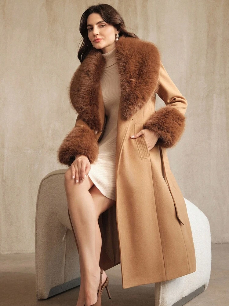 Women's Autumn/Winter Long Faux Fur Collar Detachable Belt Waist Slim Fit Casual Overcoat