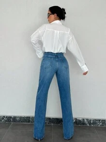 EURMUSE 100%Cotton Split Hem Straight Leg Jeans - Medium Wash - View 2