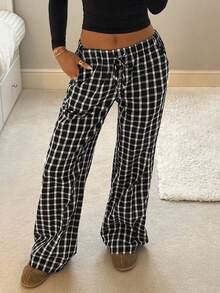 CovetEZ Women's Autumn And Winter Clothing Home Casual Plaid Brushed Black Casual Plaid Drawstring Waist Loose Pants - Black and White - View 6