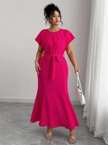 Elenzga Plus Size Women's Elegant Solid Color Belted Fitted Mermaid Dress Women Elegant Dress Dress With Belt Solid Color Dress Summer Elegant Dress Short Sleeve Maxi Dress