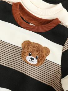 SHEIN 6件套婴儿男女童休闲可爱小熊条纹卡其色卫衣和运动裤套装，男女通用婴儿服装，婴儿冬季服装，小熊图案婴儿套装，男婴冬季服装，男婴服装，男婴小熊图案卫衣，婴儿秋冬套装 - 彩色 - 查看 6