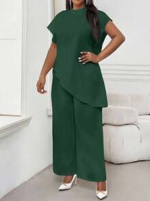 SHEIN Lady 2025 New Plus Size Women Dark Green Solid Loose Asymmetric Hem Elegant Blouse Winter Valentine's Day New Year Party Green Wedding Guest Batwing Sleeve Top Fall Women Green Elegant Top