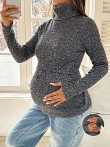 SHEIN 孕妇高领长袖休闲百搭哺乳上衣 - 灰色 - 查看 6