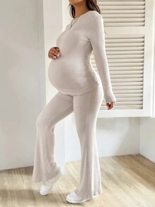 SHEIN 2 Pieces Maternity Apricot Solid Round Neck Raglan Sleeve Ribbed Casual Tops And Flared Pants Set Maternity Two Piece Set Ribbed Two Piece Set Autumn Women Clothing  Beige  Fall - Khaki - View 6