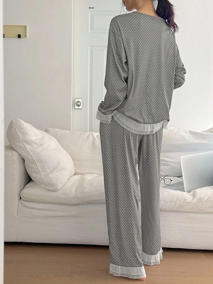 Polka Dot Allover Print Trim Patchwork Loose Women Pajama Set, Fall Clothes