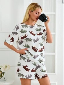 EURMUSE 2 pièces Ensemble pyjama en coton avec motif animal, chemise à manches courtes oversize et shorts imprimés - Multicolore - Voir 6