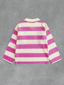 ROMWE MEN Prep Suéter de manga larga con rayas bordadas para hombre - Rosa - Ver 2