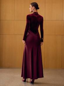 MOTF PREMIUM 天鹅绒拼布缎面浪漫长裙 - 酒紅色 - 查看 3