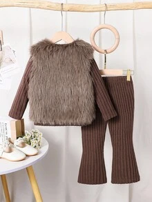 Elladie kids 3pcs/Set Young Girls Ribbed Turtleneck Long Sleeve Top,Flare Pants,Fluffy Vest With Bow Decor,Winter,Family Matching Elegant Party Casual Outfit - Brown - View 3