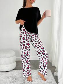 RueChic Women 2 Pcs High Quality Soft Touch Short Sleeve Shirt And Contrast Colour Leopard Pattern With Ribbbon Detail Sleep Bottom PJ Set - Black - View 5