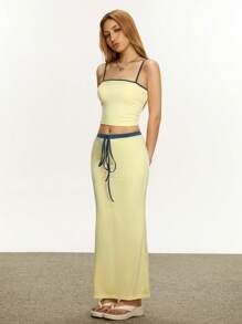 INAWLY 女式两件套条纹装饰吊带背心和迷你裙 - 黃色 - 查看 2