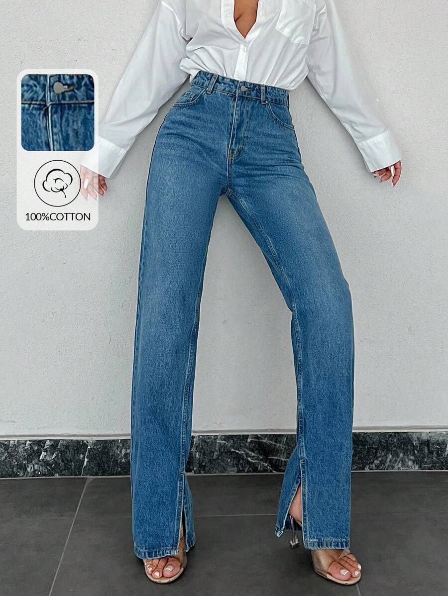 EURMUSE 100%Cotton Split Hem Straight Leg Jeans - Medium Wash - View 1