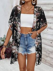 SHEIN PETITE Veste décontractée transparente à imprimé floral pour les vacances - Multicolore - Voir 3