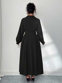 Elenzga 优雅通勤纯色灯笼袖连衣裙，大码女式秋季长裙 - 黑色 - 查看 2