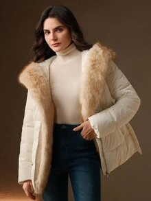 Anewsta 女式纯色仿毛领长袖夹棉大衣 - 米色 - 查看 6