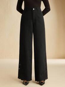 Anewsta 女士新款精致镂空刺绣显瘦高腰牛仔裤，适合情人节和母亲节穿着。 - 黑色 - 查看 4