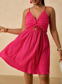 SHEIN VCAY 大码假日夏季玫红色前扭纹宽松短款连衣裙，后系带蝴蝶结连衣裙，串珠连衣裙 - 玫紅色 - 查看 6