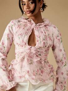 MISSGUIDED Blommig volangkrageblus med nyckelhålsdetalj i viktoriansk stil, långärmad, vår/sommar, trädgårdsfest, topp för tetillfället - Rosa - Visa 6