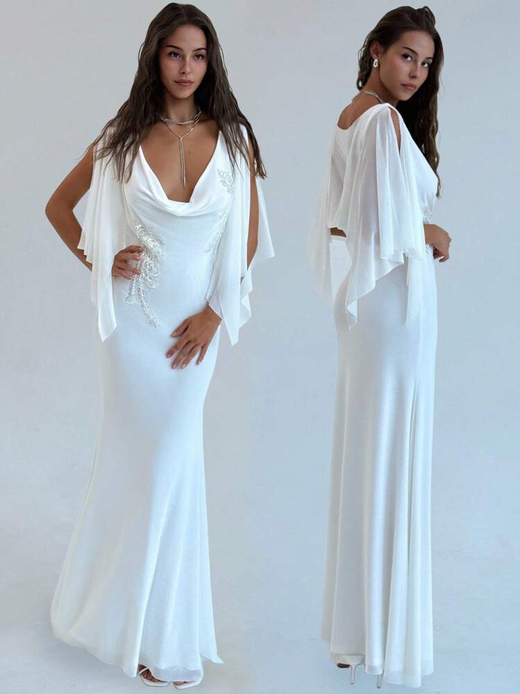 Aloruh Vestido Ajustado Bordado com Decote Profundo em Cor Sólida para Mulheres - Branco - Visão 4