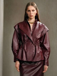 Arave Veste de moto quotidienne pour femmes en tissu PU, avec épaules tombantes, col double couche, grand col cranté, épaulettes matelassées. Veste polyvalente pour le bureau, le club et l'hiver sexy