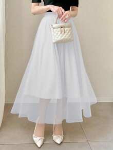 FRIFUL Women's Elastic Waist Polka Dot Mesh Skirt - White - View 2