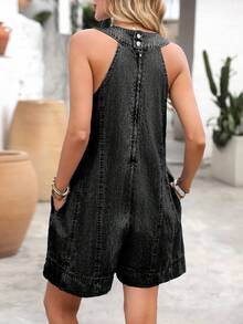 EMERY ROSE 无袖牛仔连体裤，休闲度假装 - 深灰色 - 查看 2
