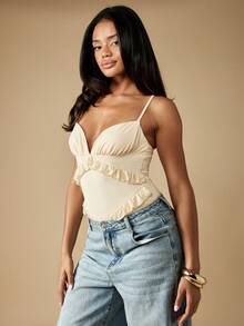 MISSGUIDED Bộ đồ liền thân cổ chữ V không tay ôm sát co giãn thời trang ôm vừa vặn thời trang mùa hè xuân dự tiệc liền thân dây mảnh có thể điều chỉnh - Màu be - Xem 5