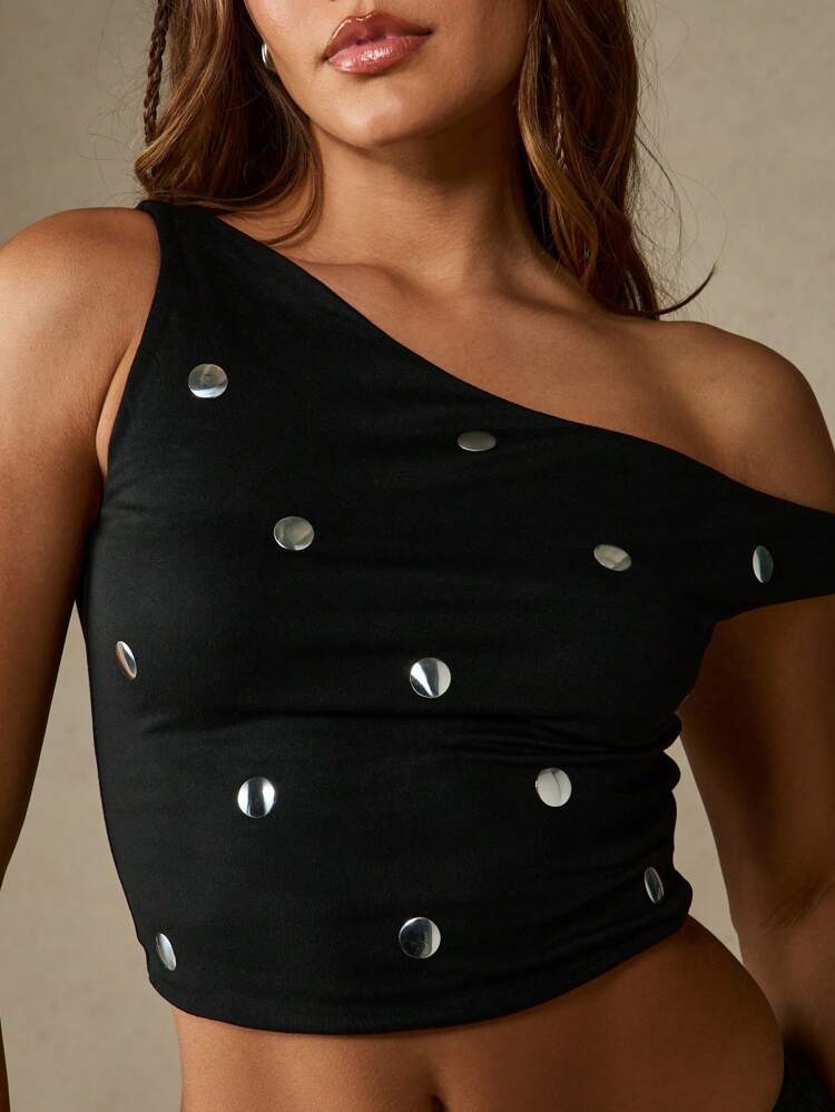 MISSGUIDED シルバースタッズ付きアシンメトリーワンショルダークロップトップ