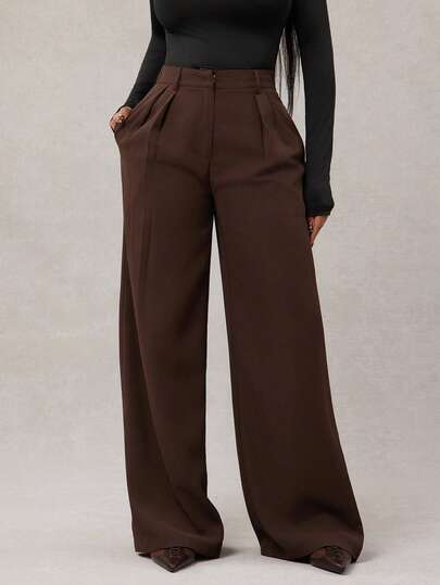 Radiana Women's Minimalist Elegant Casual Fashion Dark Brown Oversized Wide Leg Pants, Commuter Trousers High Waisted Suit Pants, Summer Teachers' Day Office