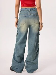 Rivivi 女式工装口袋褶皱阔腿休闲牛仔裤 - 藍色 - 查看 2