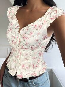 CovetEZ Áo cánh mỏng họa tiết hoa đơn giản dành cho nữ, mùa hè - trắng - Xem 3