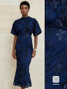 Aveloria Modichic 网眼蝴蝶装饰纯色通勤风格短袖连衣裙 - 藏蓝色 - 查看 4