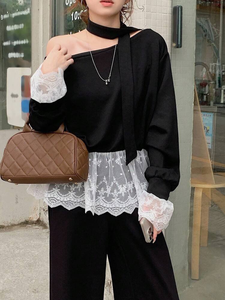 Women's Oblique Shoulder Contrast Color Lace Patchwork Blouse With Tie Decor And Elastic Waist Loose Straight Leg Pants, 2 Pieces Casual Vacation Set