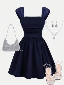 SHEIN Girlism Teen Girls Sleeveless A-Line Dress With Ruched Bust And Shoulders, Navy Blue, Elegant