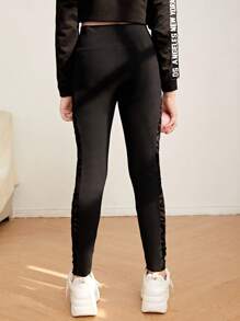 SHEIN Tween Girl Contrast Strappy Mesh High Waist Leggings - Black - View 2