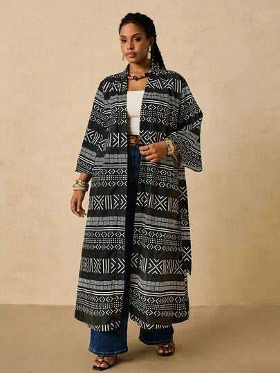 SHEIN VCAY Plus Size Casual Vintage Geometric Print Long Cardigan For Women, Tie Waist Design, Fashion Commuter Loose Outerwear, New Style Black & White Geometric Print Tie Cardigan In Fall/Winter